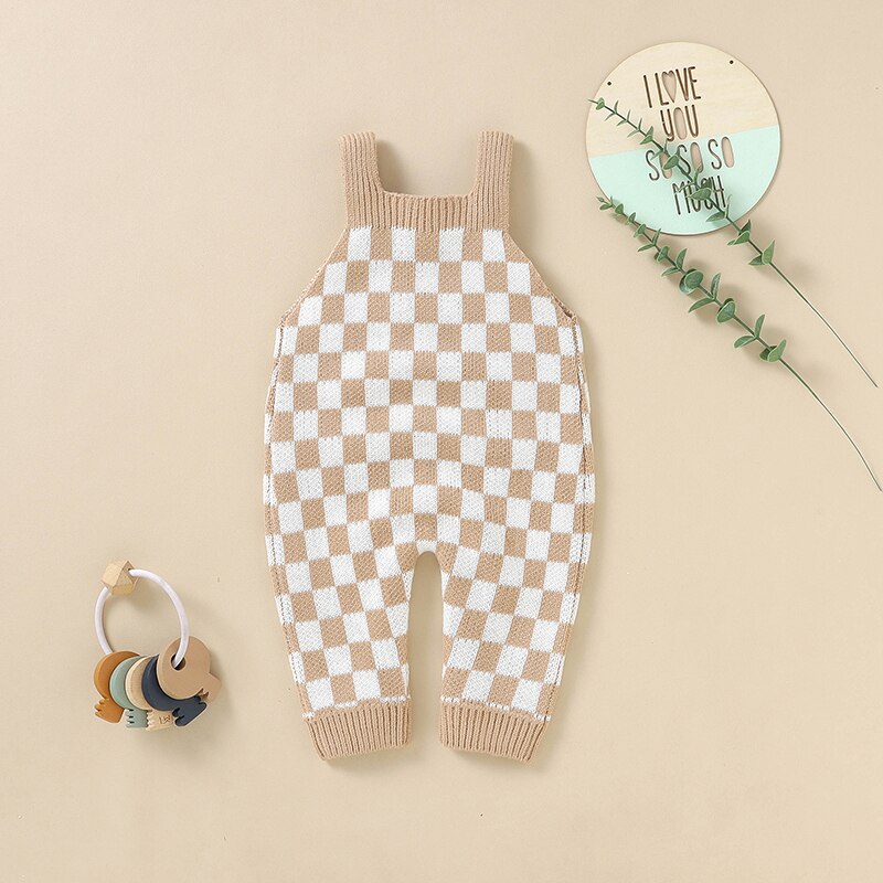 Knitted Checkered Pocket Romper