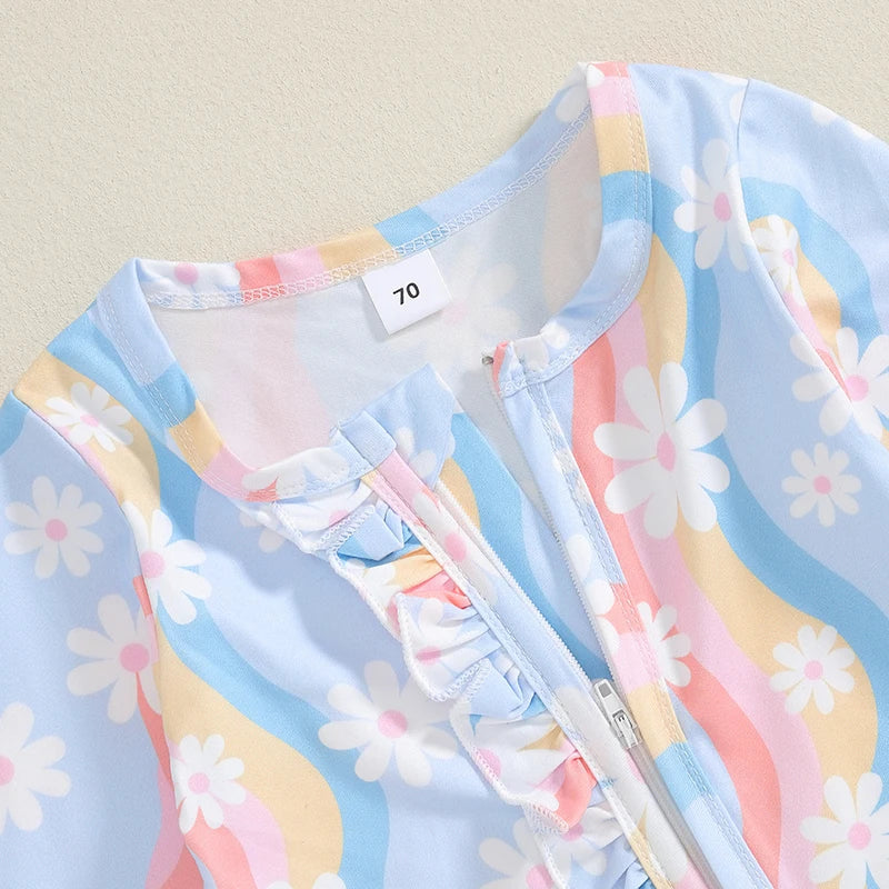Wavy Flowers Ruffled Footie Onesie & Bow