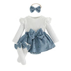 Baby Girl Floral Long Sleeve Romper Dress with Bow Headband and Stockings 3 Pcs Set