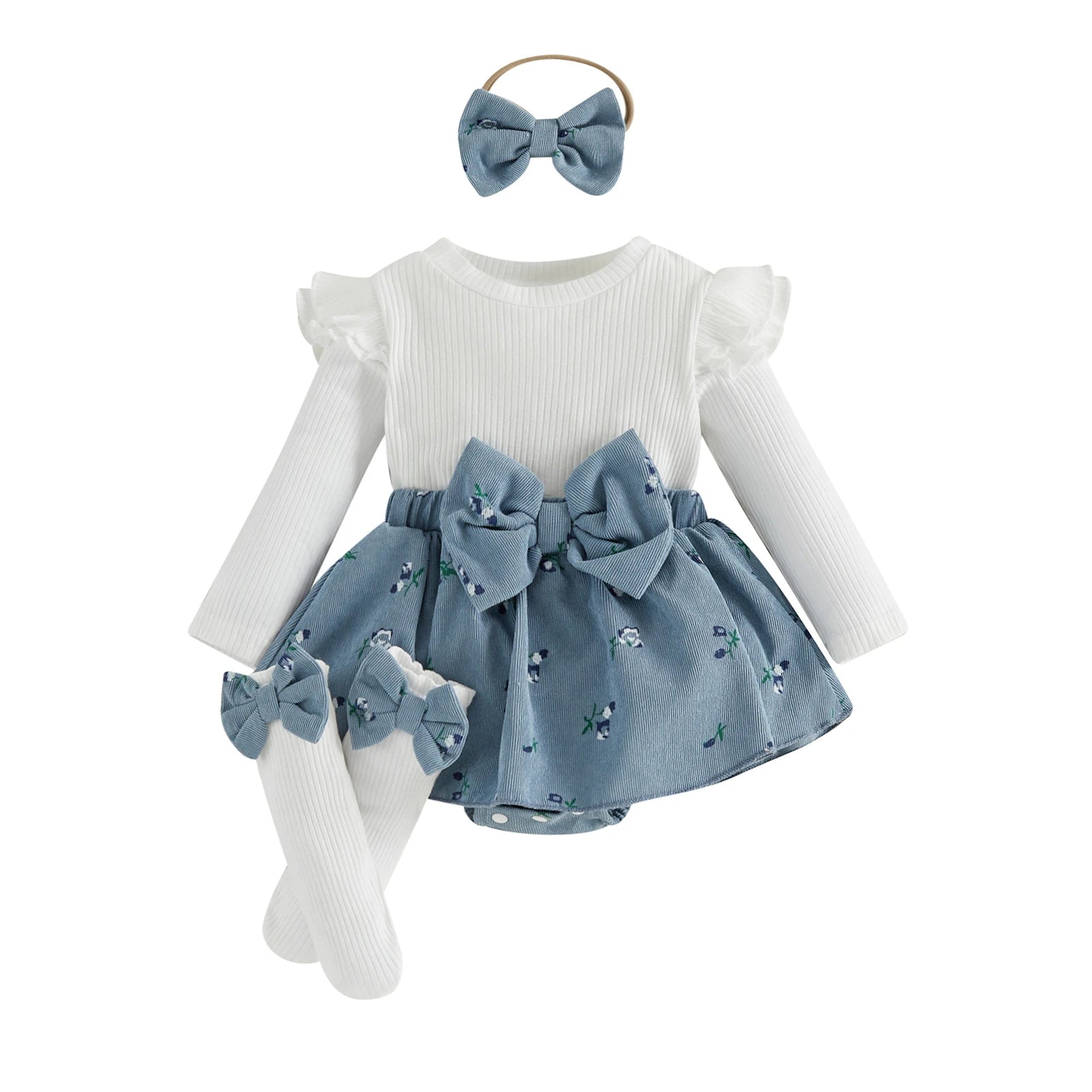 Baby Girl Floral Long Sleeve Romper Dress with Bow Headband and Stockings 3 Pcs Set