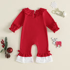 Baby Girl "Santa Baby" Christmas Romper – Long Sleeve Ruffle Collar Bodysuit with Lace Hem & Bows (0–18M)