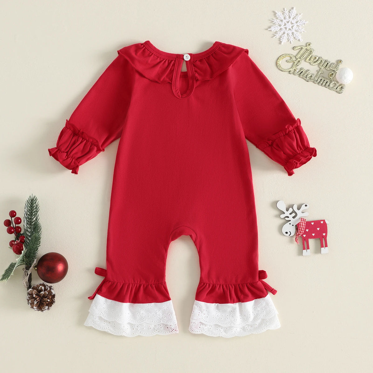 Baby Girl "Santa Baby" Christmas Romper – Long Sleeve Ruffle Collar Bodysuit with Lace Hem & Bows (0–18M)