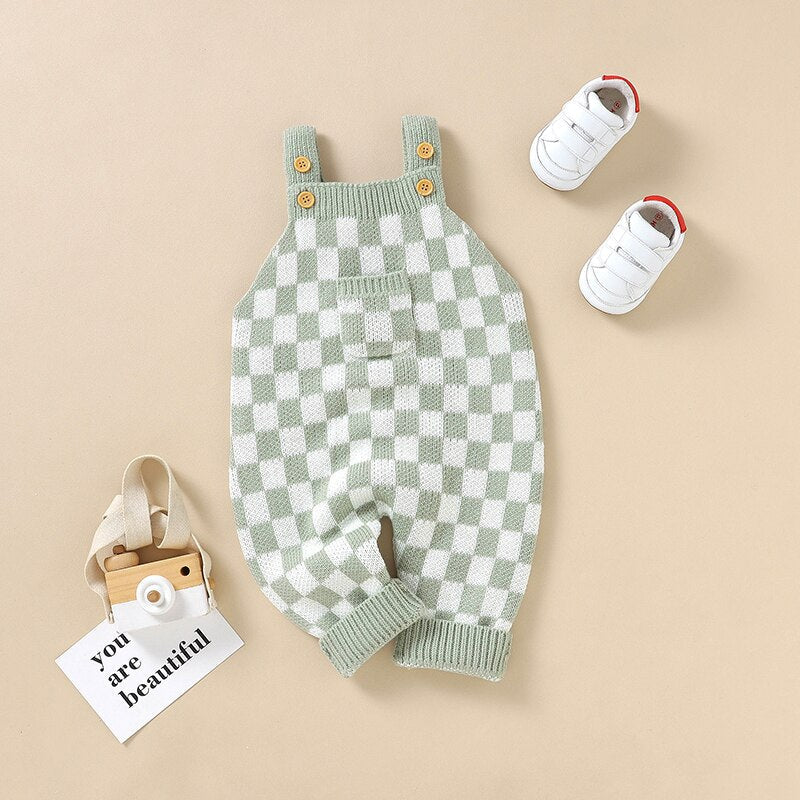 Knitted Checkered Pocket Romper