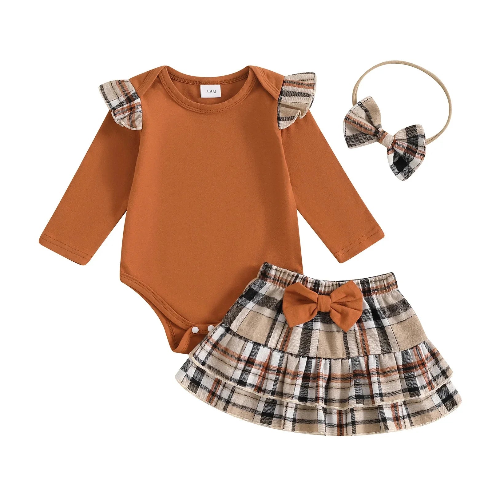 Ruffle Sleeve Plaid Skirt Outfit & Headband