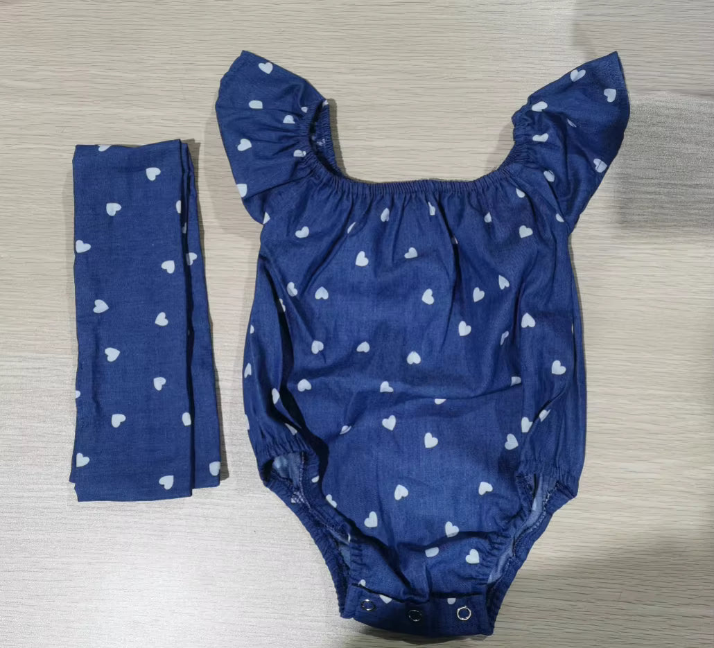 Blue Heart Romper Bow Headband Set