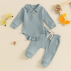 Solid Ribbed Collared Button Outfit