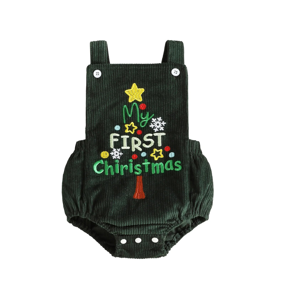"My First Christmas" Corduroy Overalls – Sleeveless Embroidered Holiday Romper (0–18M)