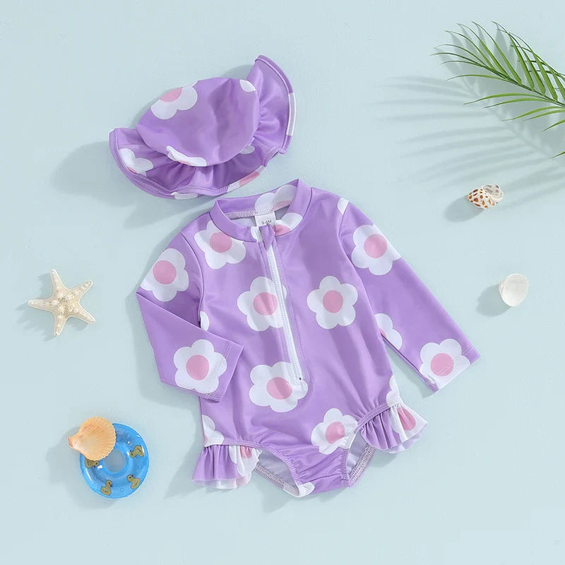 Purple Flower Swimsuit & Hat