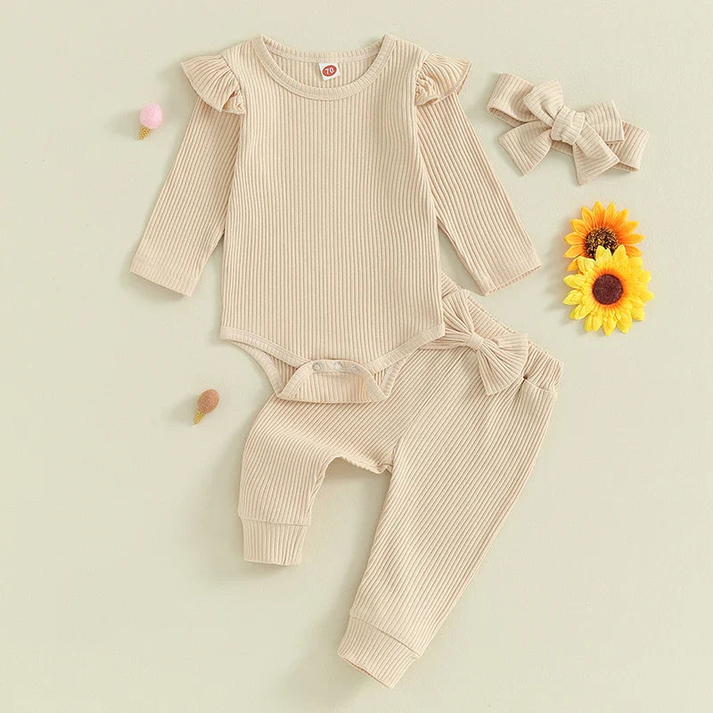 Solid Ribbed Ruffle Outfit & Bow