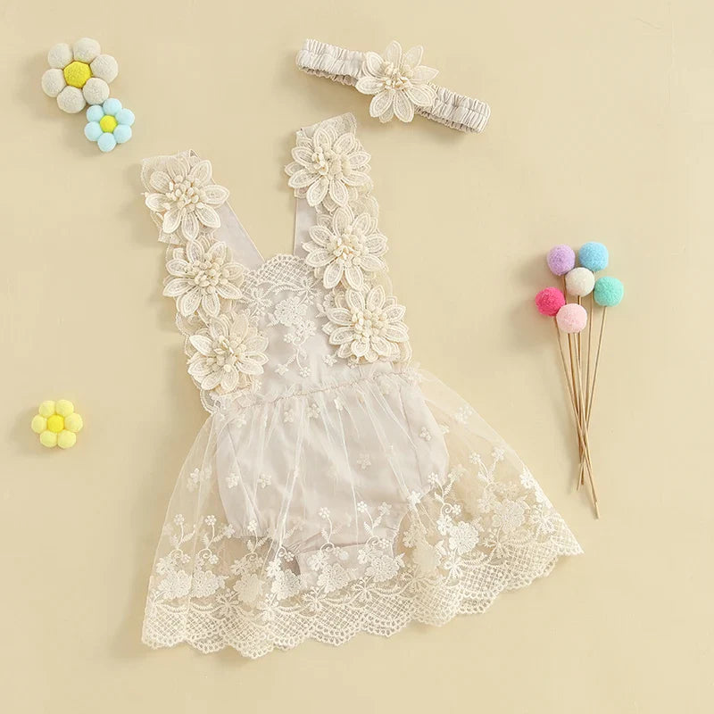 Elegant Lace Flower Dress & Headband