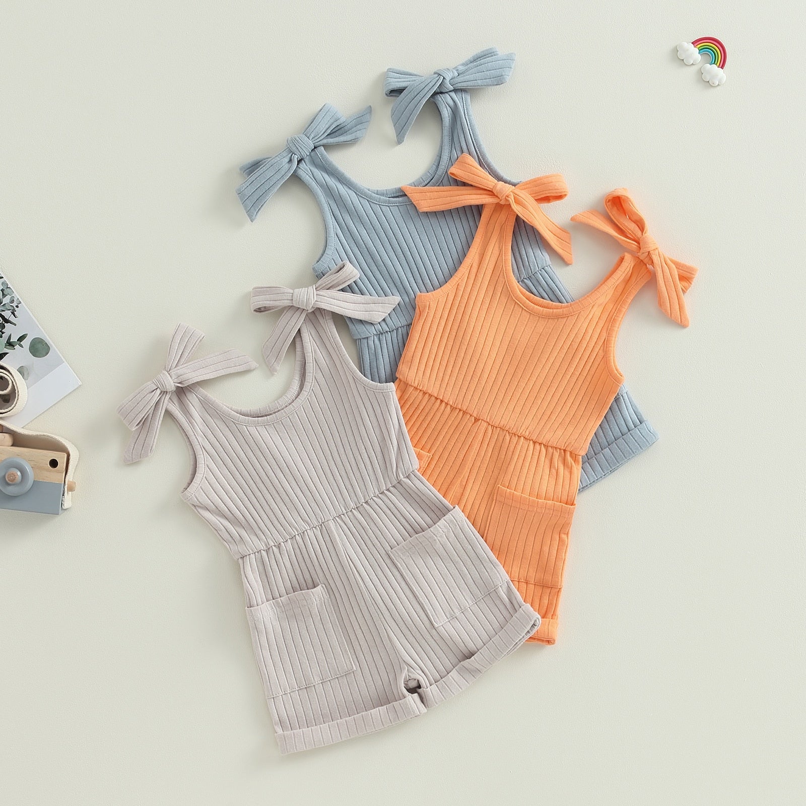 Ribbed Pocket Shoulder Tie Romper