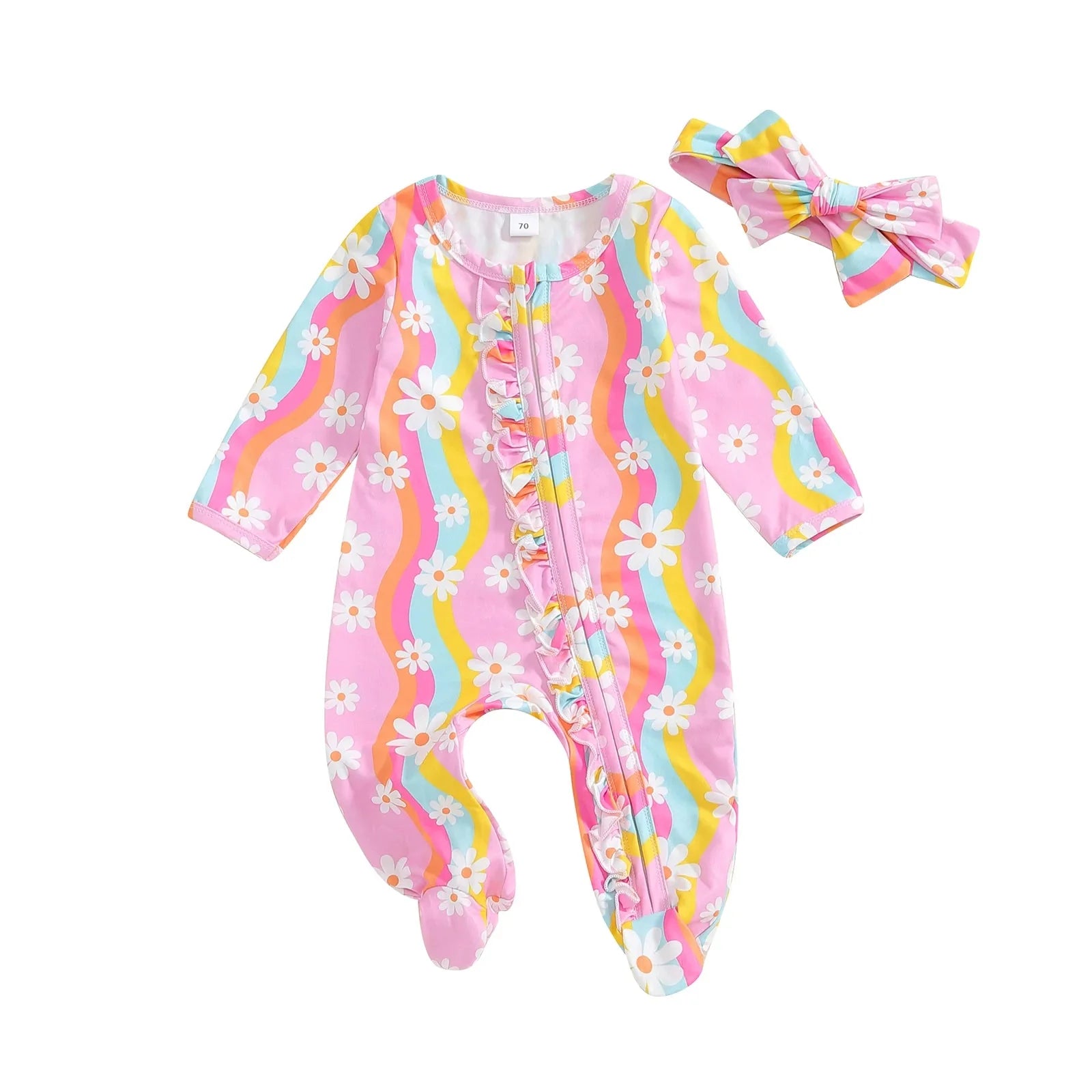 Wavy Flowers Ruffled Footie Onesie & Bow
