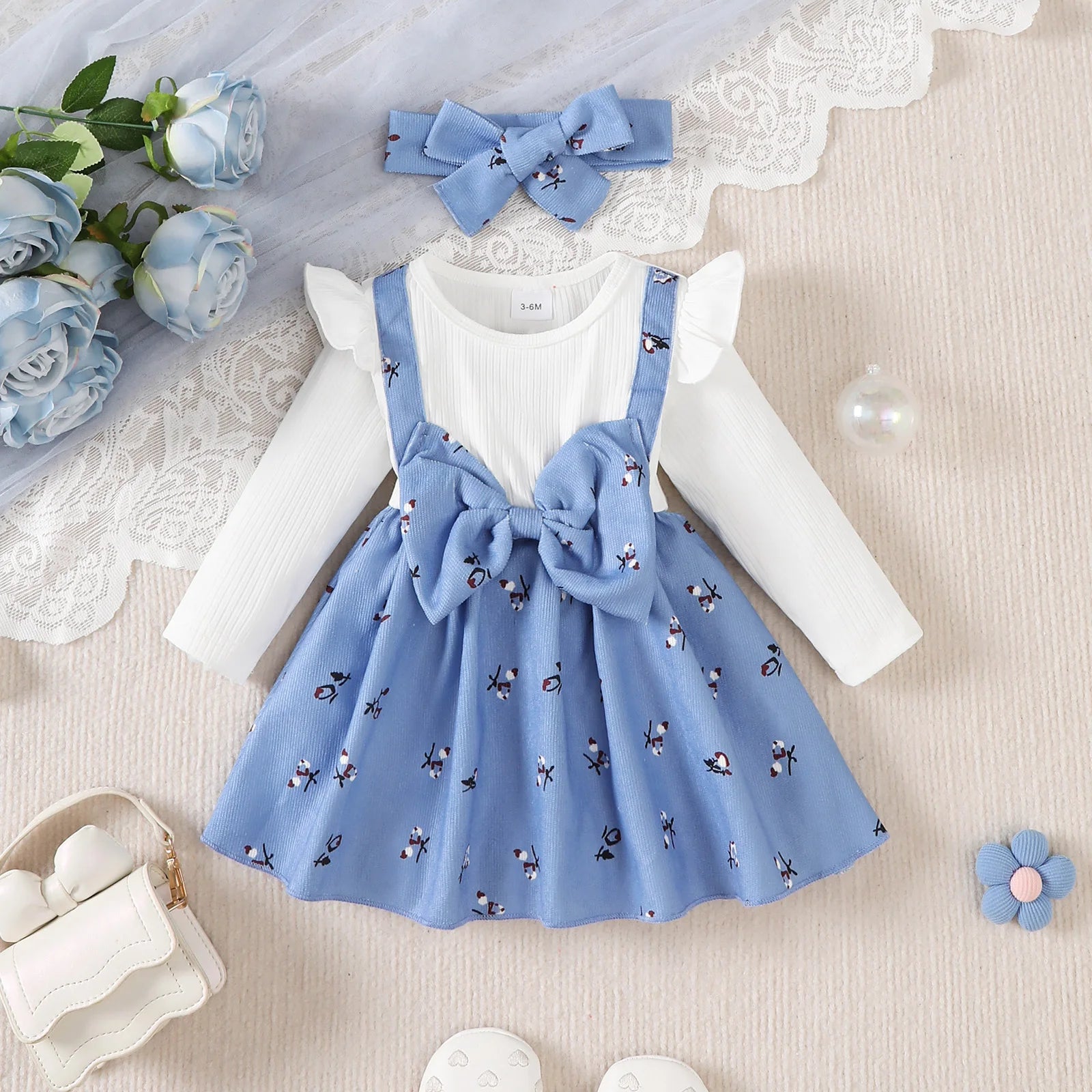 Baby Girl Floral Suspender Dress & Headband Set