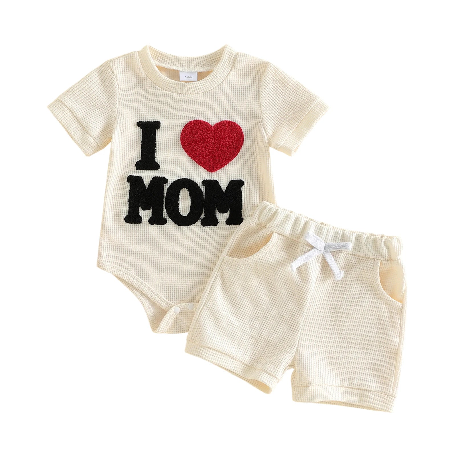 "I Love Mom" Baby Boy Waffle Romper & Shorts Set