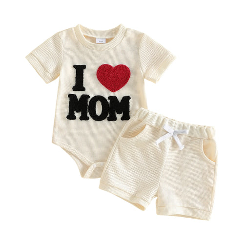 "I Love Mom" Baby Boy Waffle Romper & Shorts Set