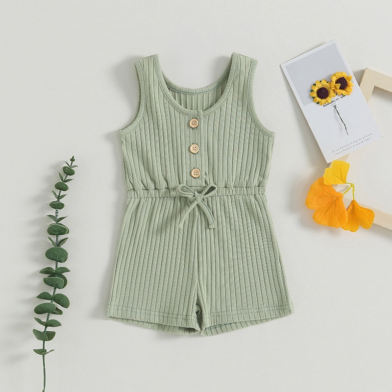 Solid Ribbed Waist Tie Romper