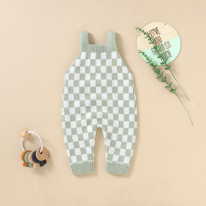 Knitted Checkered Pocket Romper