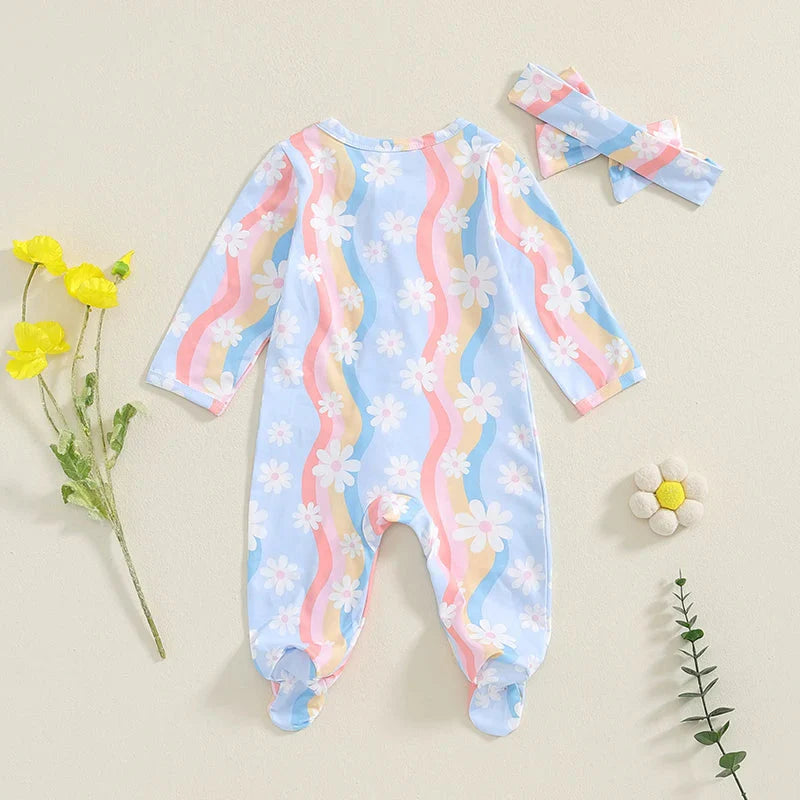 Wavy Flowers Ruffled Footie Onesie & Bow