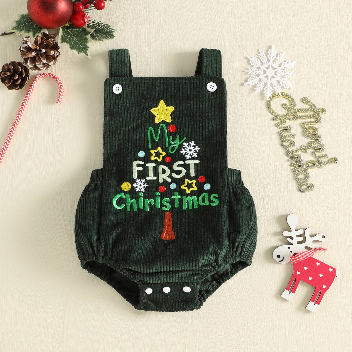 "My First Christmas" Corduroy Overalls – Sleeveless Embroidered Holiday Romper (0–18M)