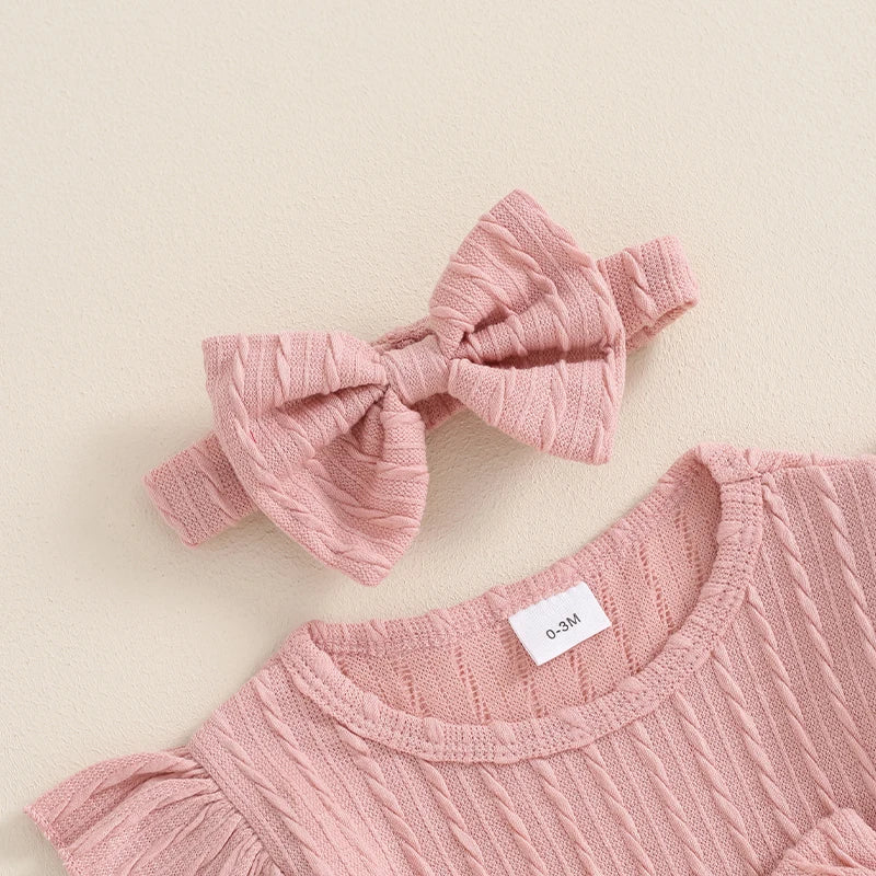 Solid Knit Bow Dress with Socks & Headband