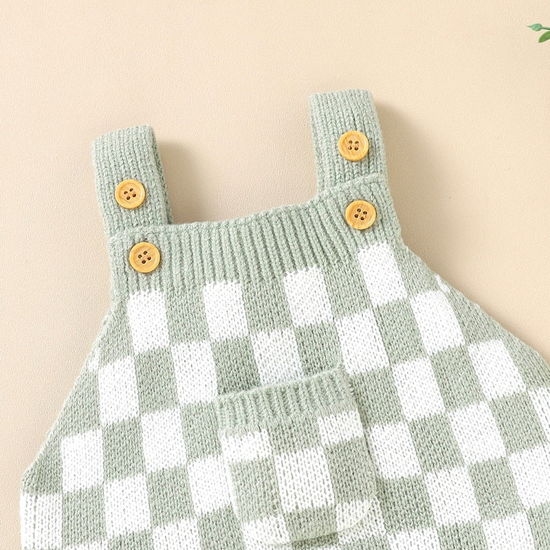 Knitted Checkered Pocket Romper