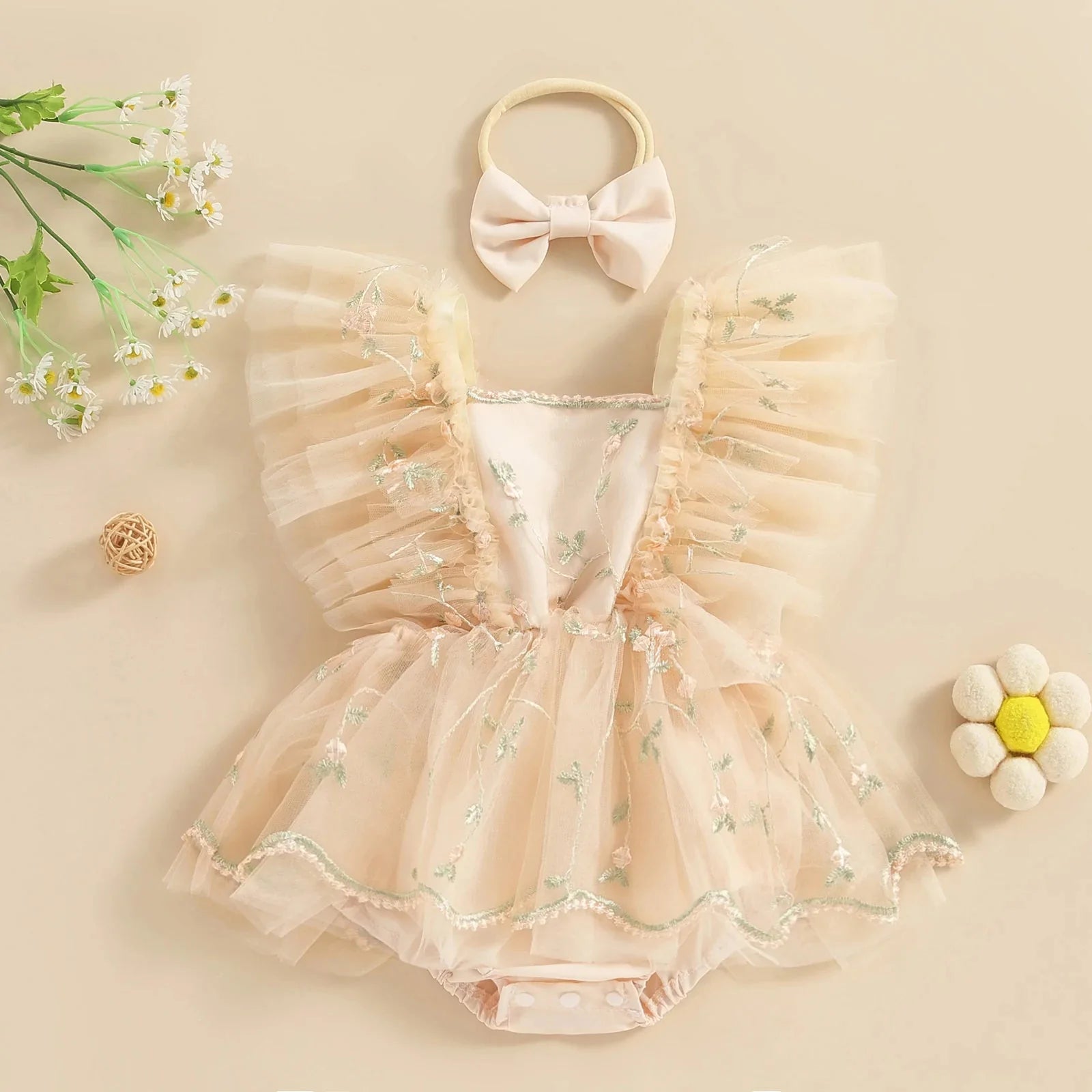 Floral Embroidered Skirt Romper & Headband