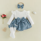 Baby Girl Floral Long Sleeve Romper Dress with Bow Headband and Stockings 3 Pcs Set