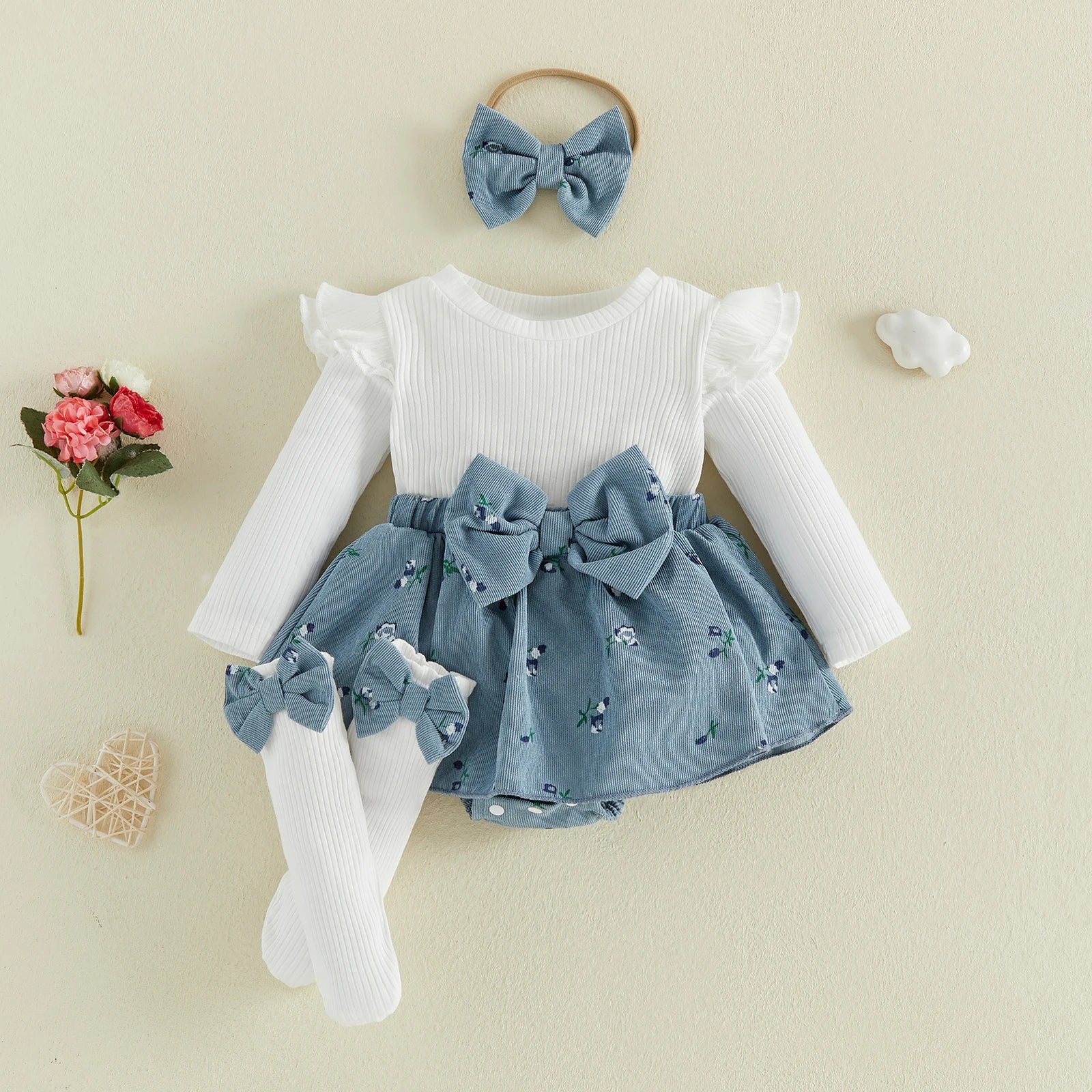 Baby Girl Floral Long Sleeve Romper Dress with Bow Headband and Stockings 3 Pcs Set