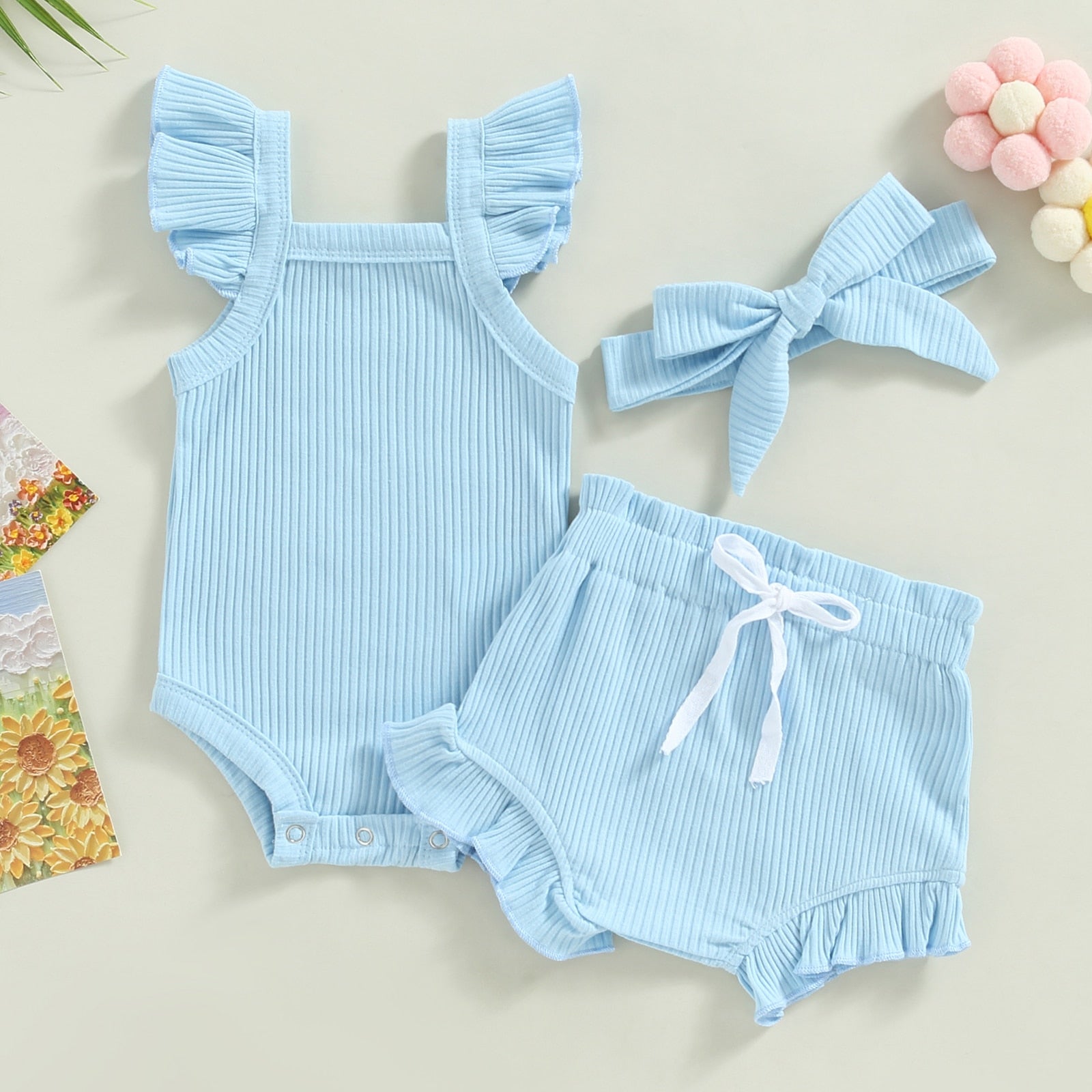 Ribbed Flutter Onesie with Shorts & Bow