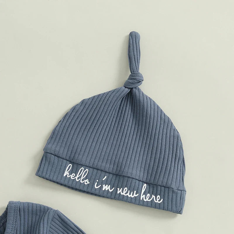 Hello I'm New Here Ribbed Footie Onesie & Hat