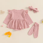 Solid Knit Bow Dress with Socks & Headband