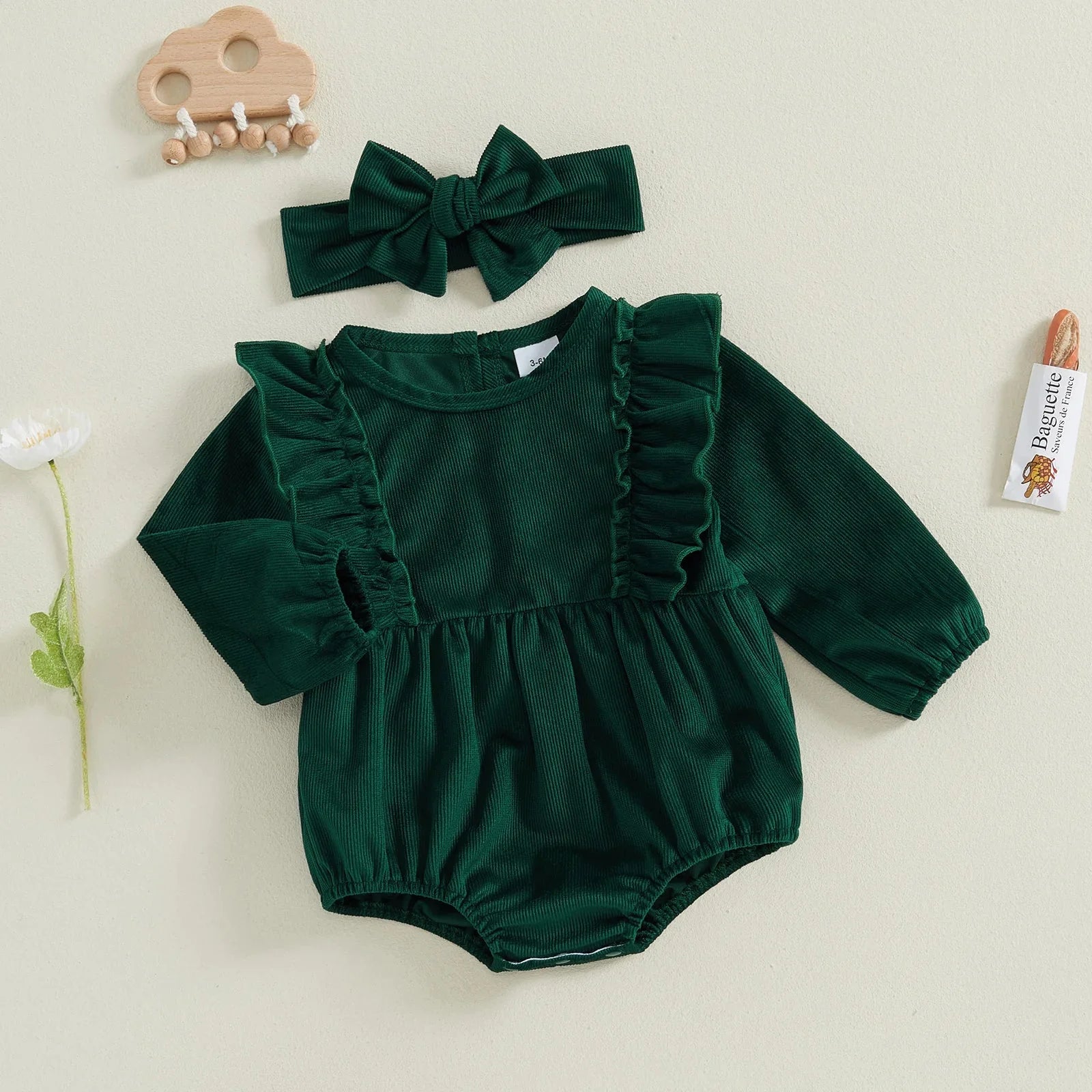 Solid Ribbed Velvet Romper & Bow