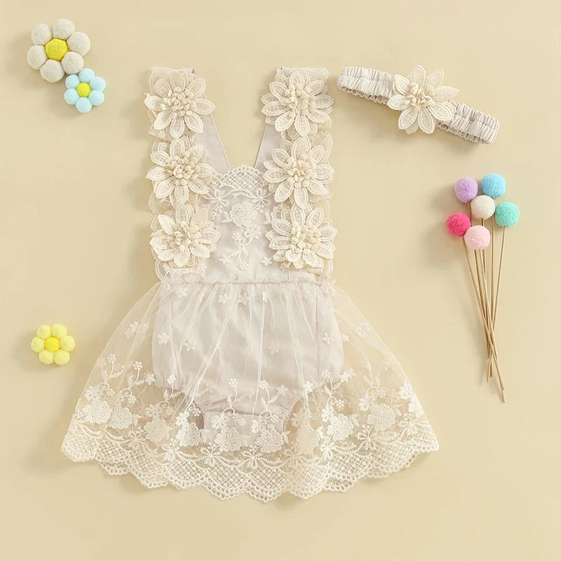 Elegant Lace Flower Dress & Headband
