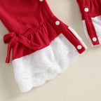 Baby Girl "Santa Baby" Christmas Romper – Long Sleeve Ruffle Collar Bodysuit with Lace Hem & Bows (0–18M)