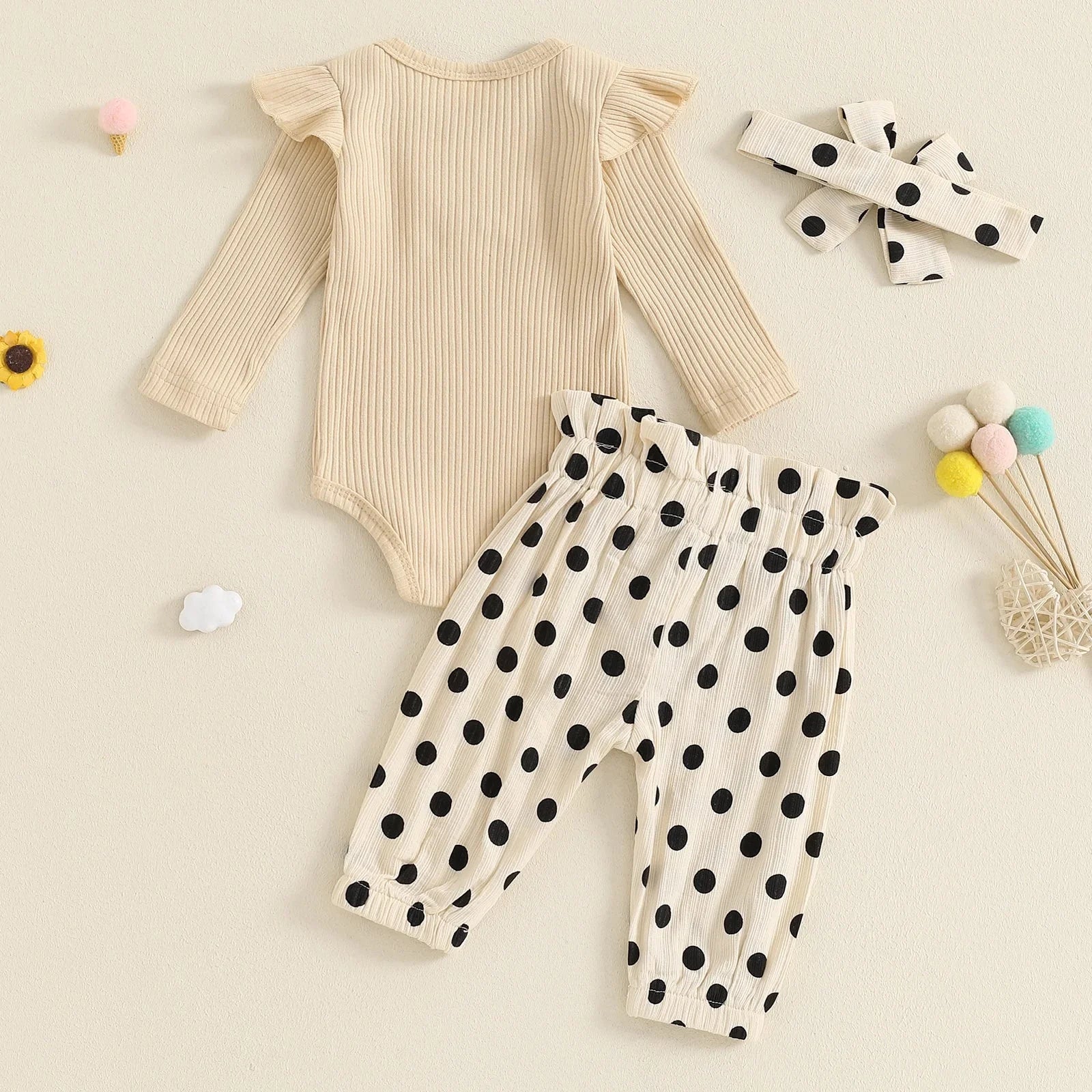 Ribbed Ruffle Polka Dot Outfit & Bow