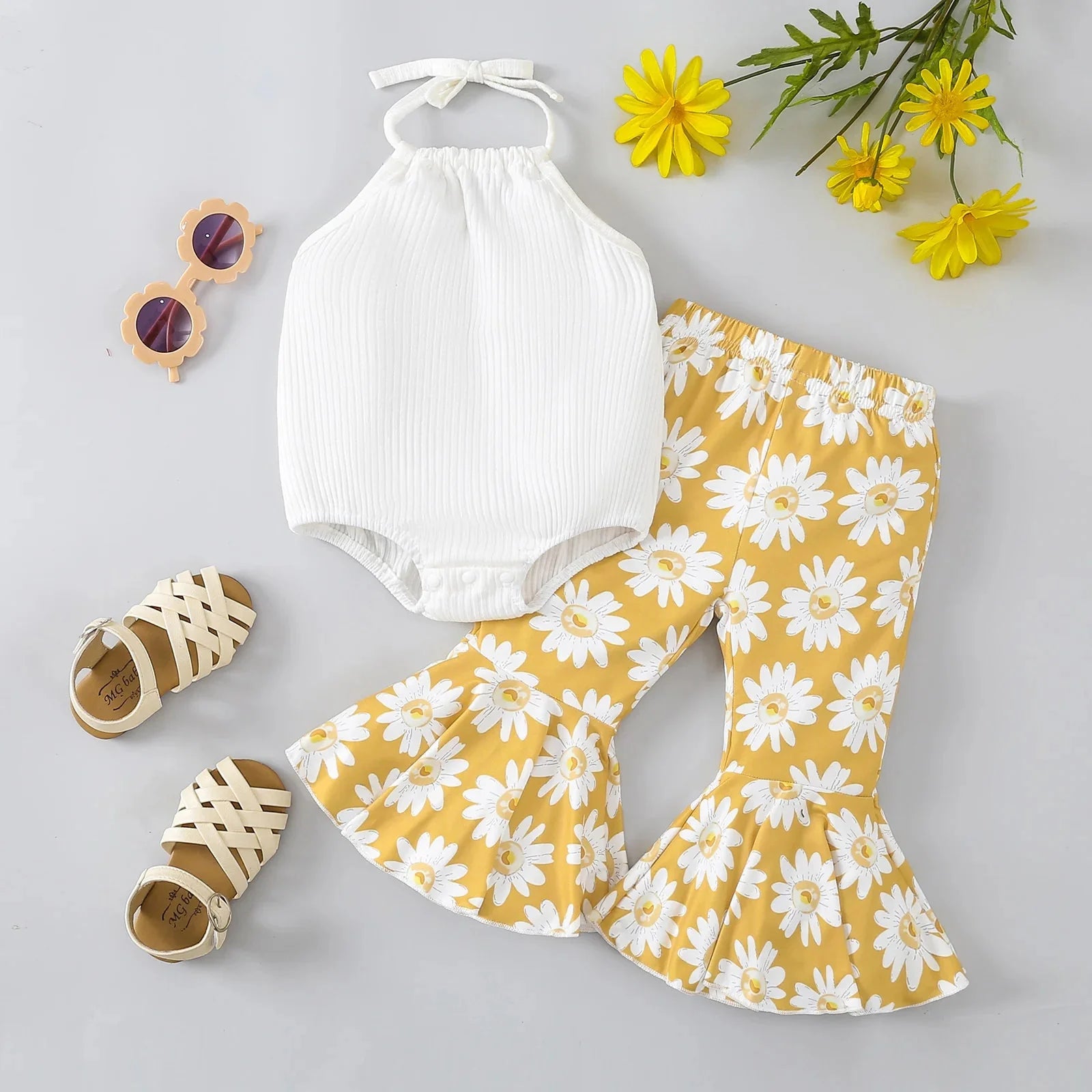 Halter Onesie & Floral Bell Bottoms Outfit
