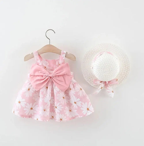Baby Girl Daisy Bow Dress with Sun Hat
