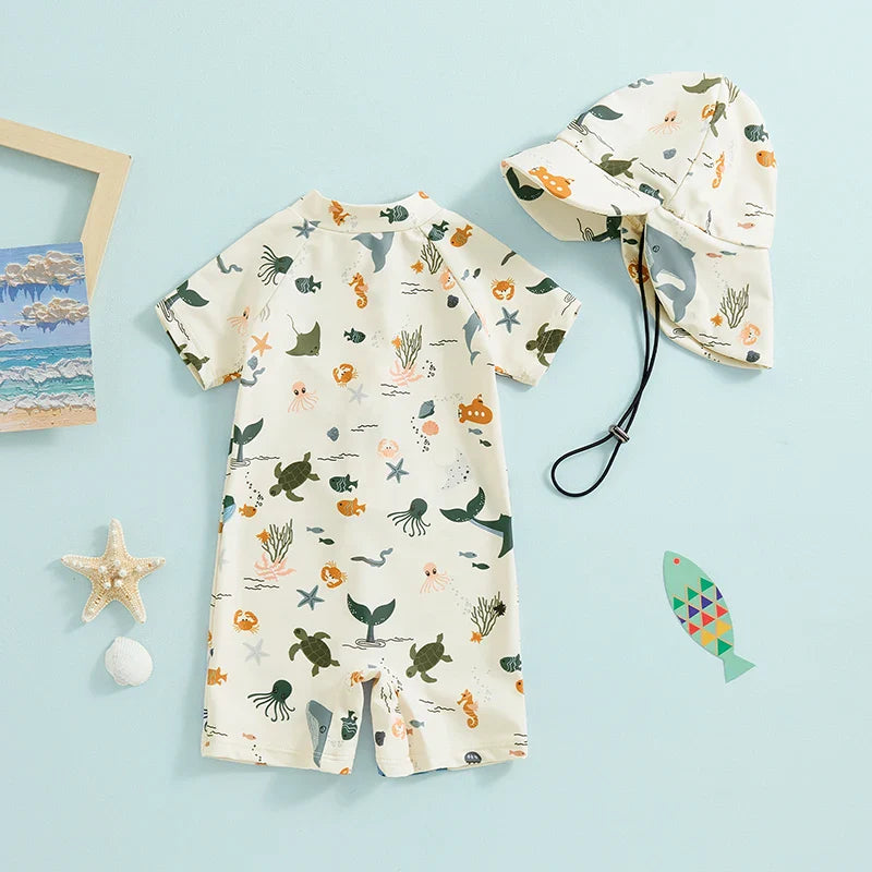 Short Sleeve Animal Life Swimsuit & Hat