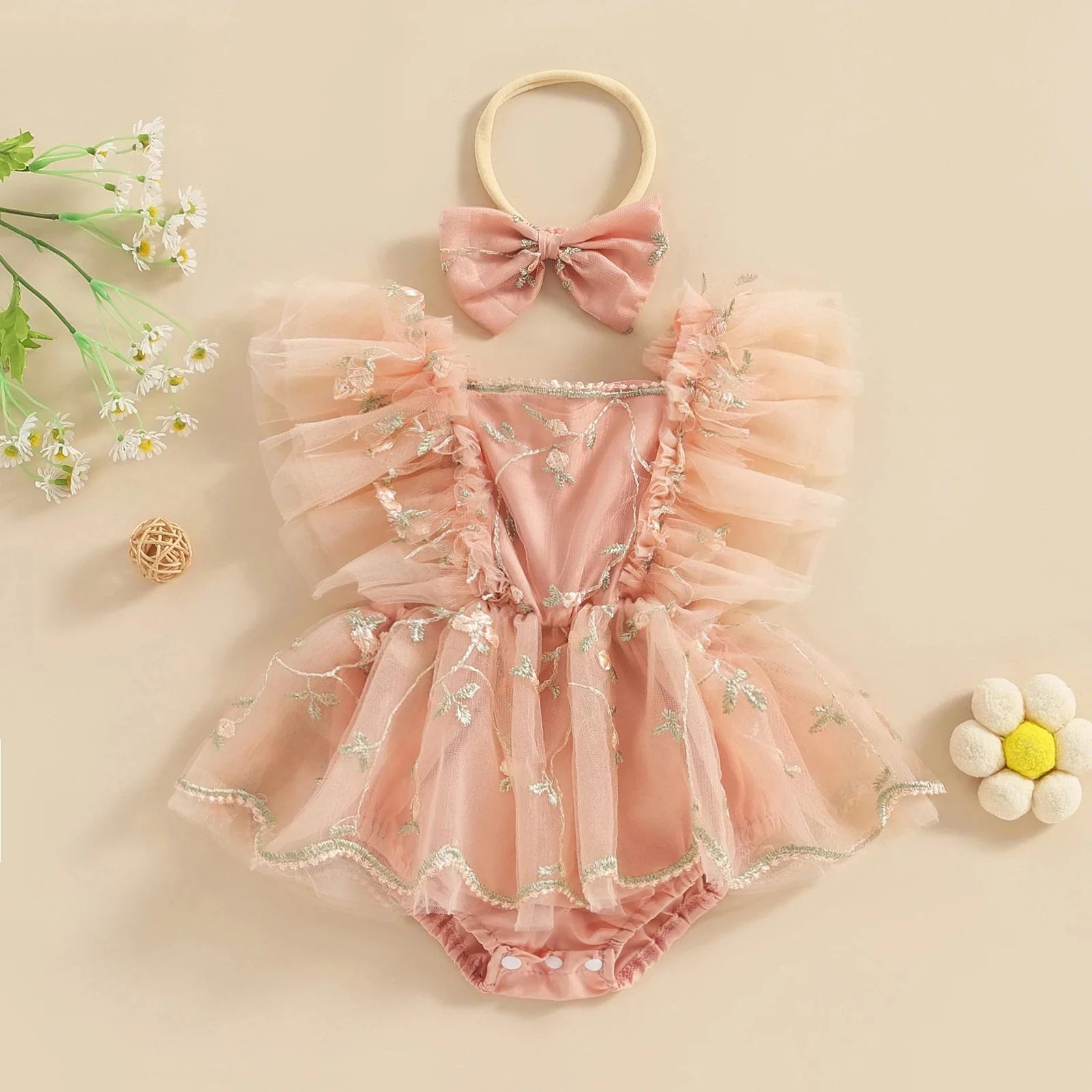 Floral Embroidered Skirt Romper & Headband