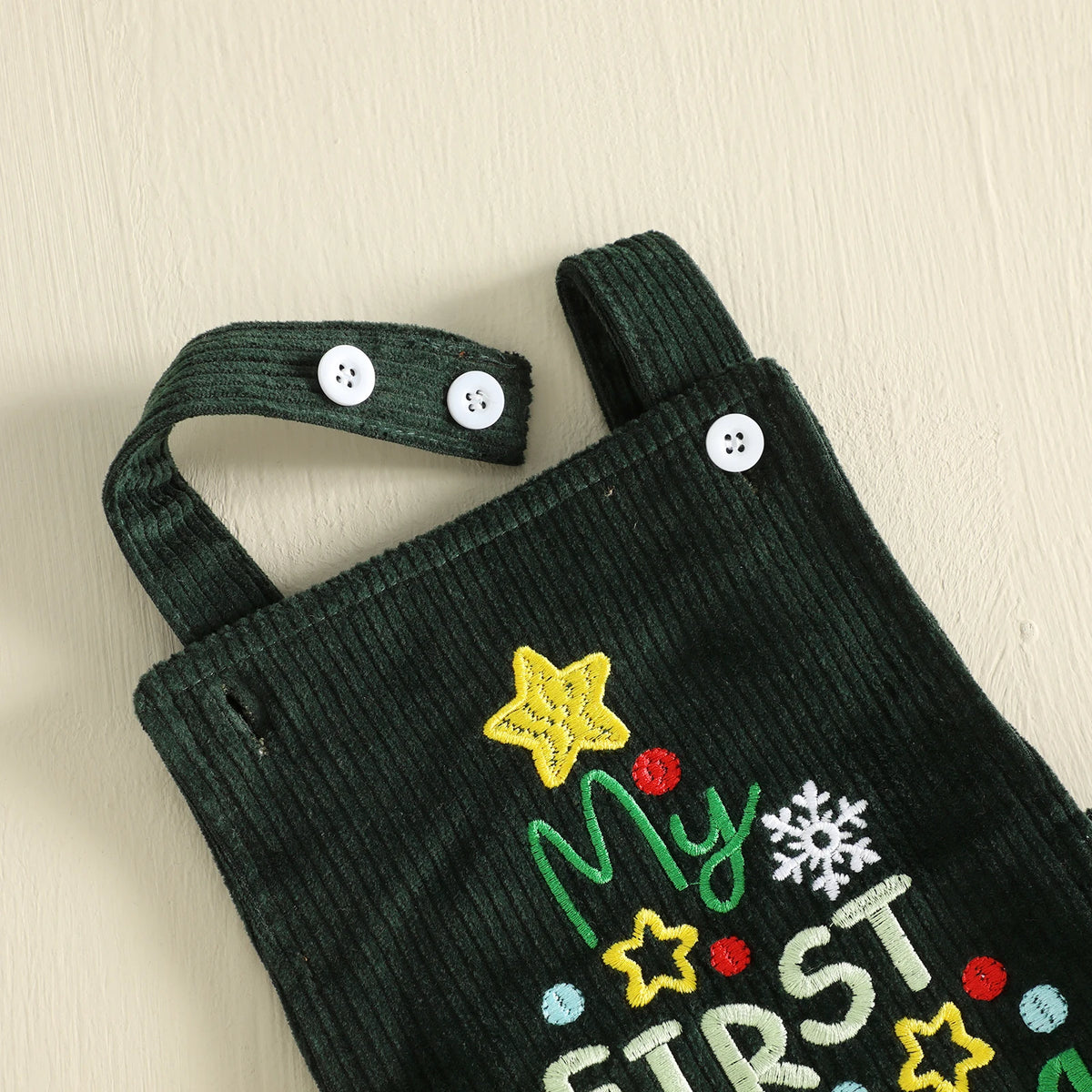"My First Christmas" Corduroy Overalls – Sleeveless Embroidered Holiday Romper (0–18M)