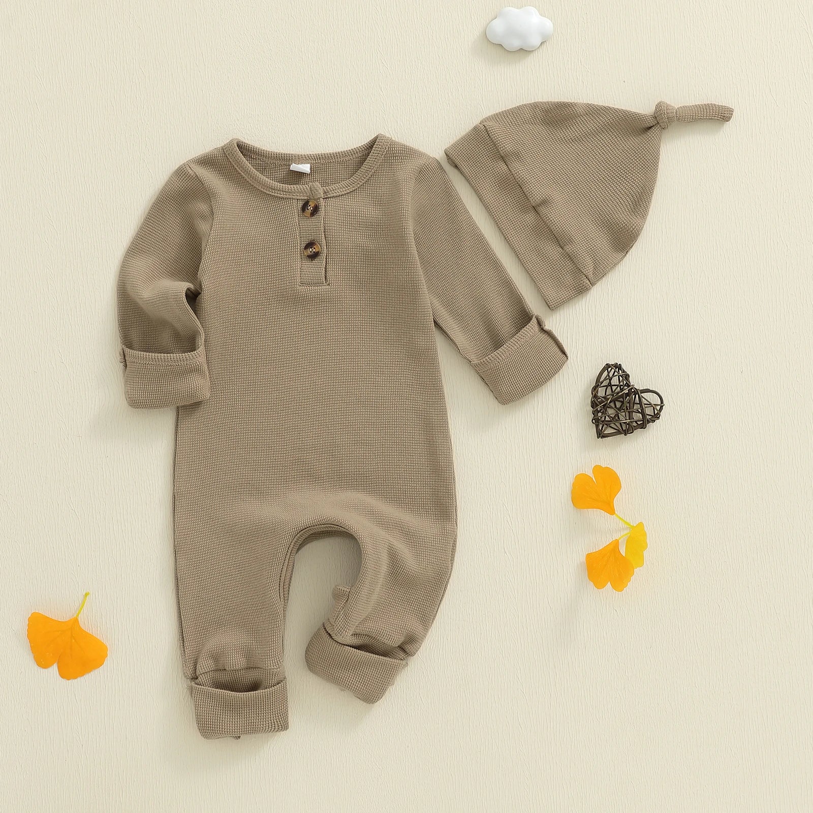 Solid Waffel Knite Romper & Hat