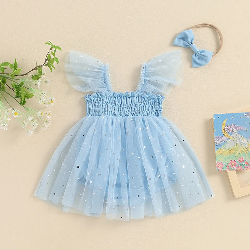 Baby Blue Stars Dress & Headband