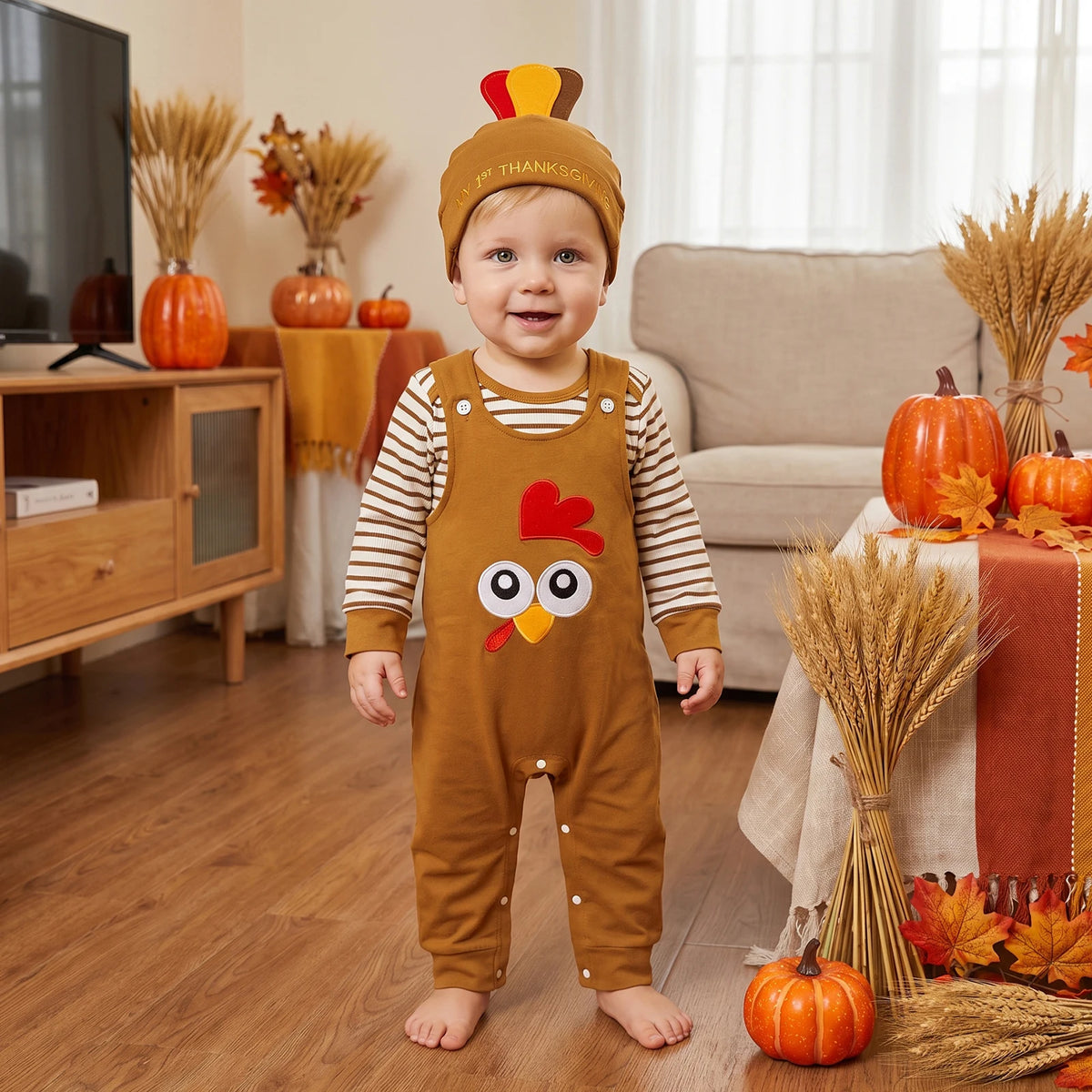 Thanksgiving Outfit Striped Rompers and Turkey Overalls with Hat