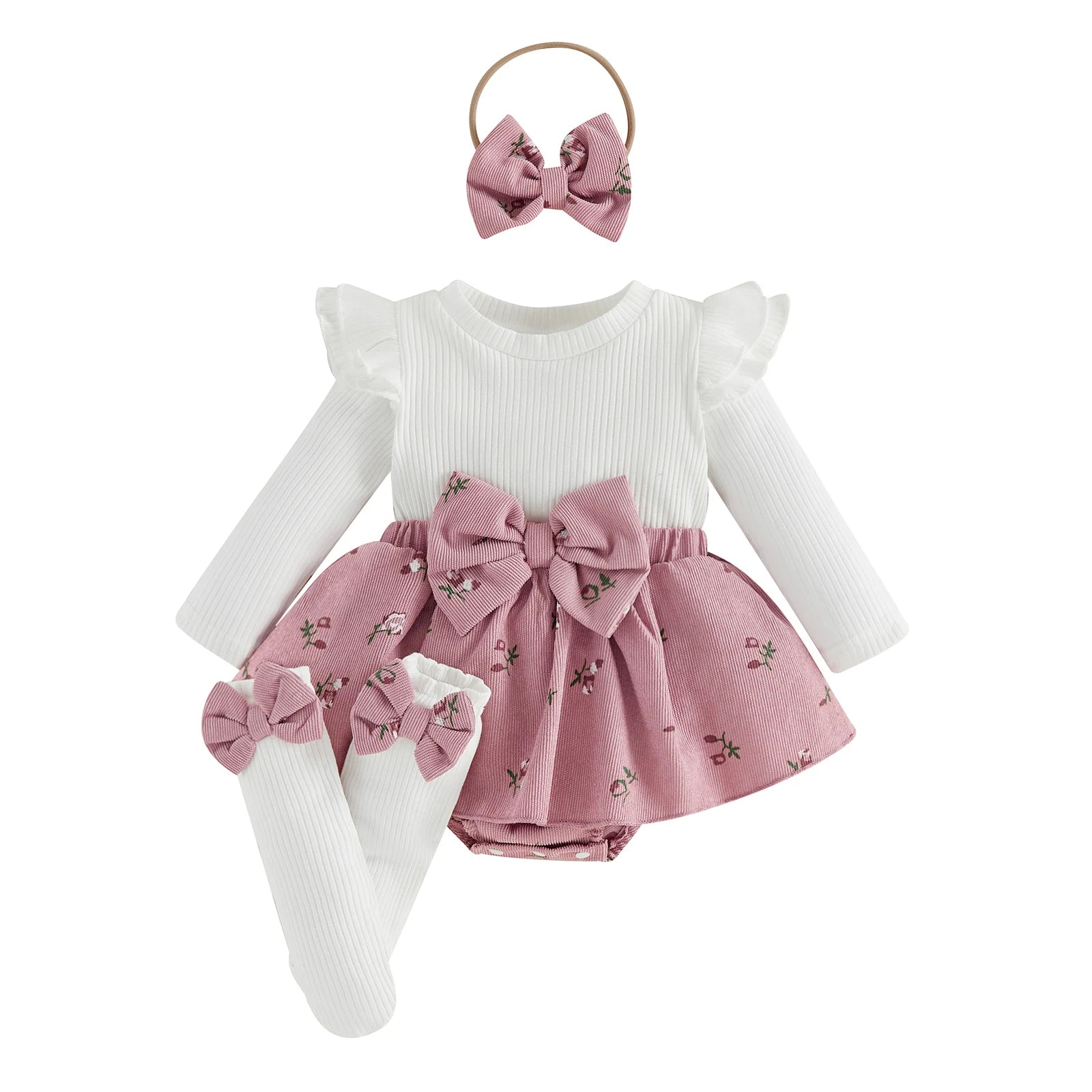 Baby Girl Floral Long Sleeve Romper Dress with Bow Headband and Stockings 3 Pcs Set