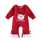 Baby Girl "Santa Baby" Christmas Romper – Long Sleeve Ruffle Collar Bodysuit with Lace Hem & Bows (0–18M)