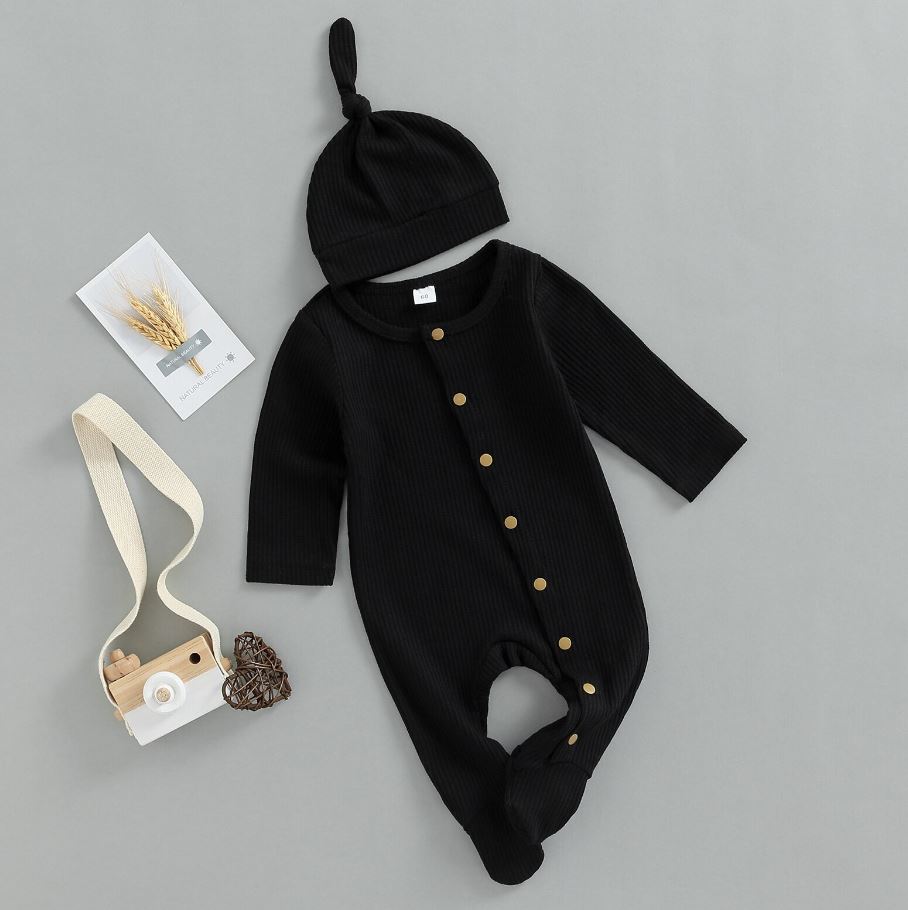 Button Baby Solid Footie Onesie with Hat