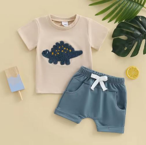 Fuzzy Embroidery Dino T-shirt & Shorts