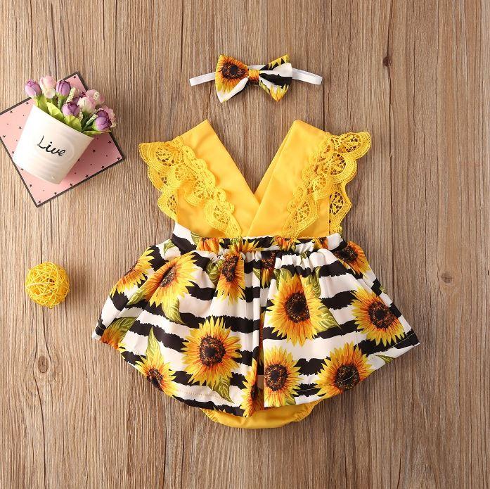 Striped Sunflower Romper Dress with Headband