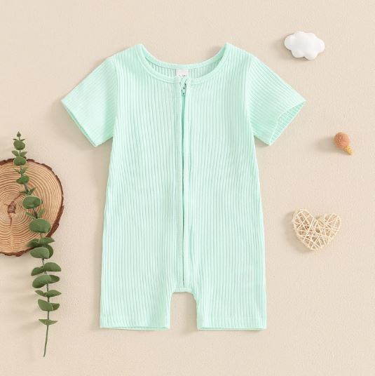 Solid Ribbed Zipper Onesie