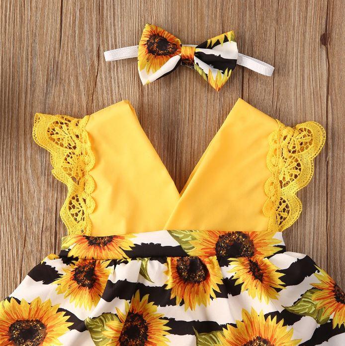 Striped Sunflower Romper Dress with Headband